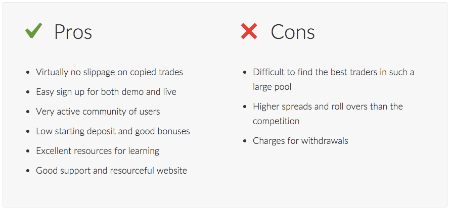 Screenshot of the eToro review pros and cons list